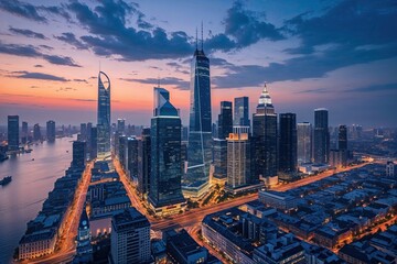 Obraz premium Sophisticated Cityscape at Dusk for Professional Business Seminar Backdrop