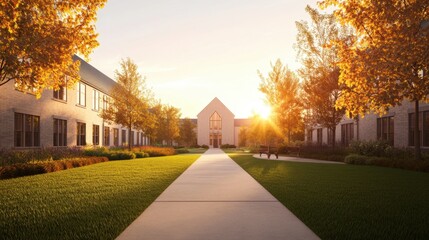 Obraz premium Serene College Campus Pathway with Lush Green Grass and Golden Sunset Illuminating Modern Architecture Surrounded by Trees