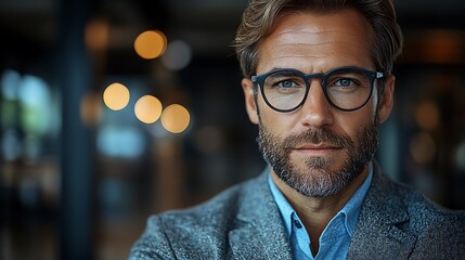 A serious looking man wearing glasses and a gray blazer