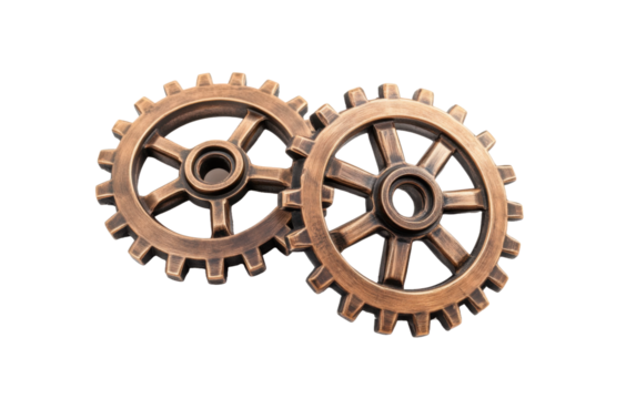 Old brass metal gears on transparent or white background