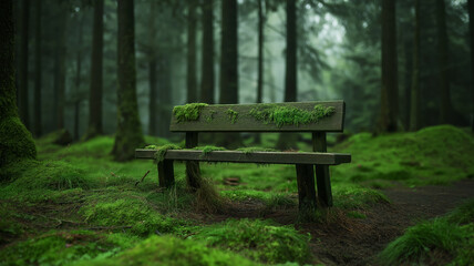 Fototapeta premium Moss-covered bench in a serene forest with mist and greenery