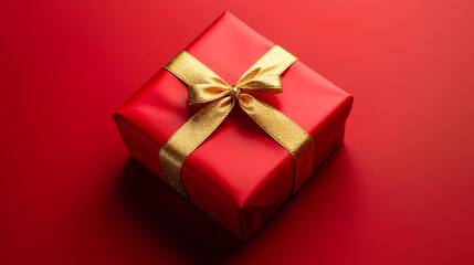 Obraz premium Red gift box with a golden ribbon on a red background, top view.