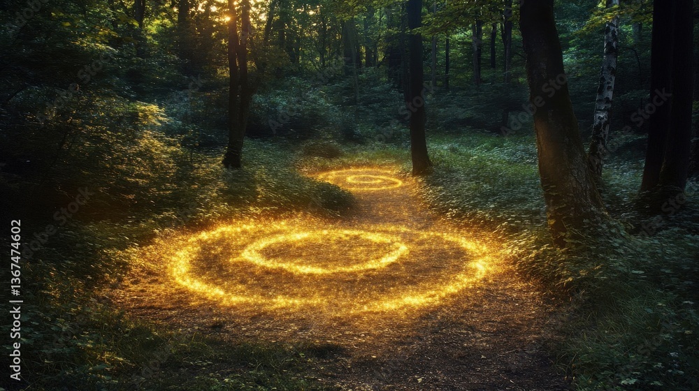 Poster a forest path is illuminated with golden spiraling light patterns