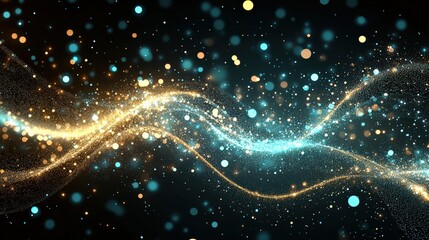 Fototapeta premium A vibrant and enchanting abstract background filled with glowing particles and waves of light in turquoise and gold, creating a mesmerizing digital artwork experience.