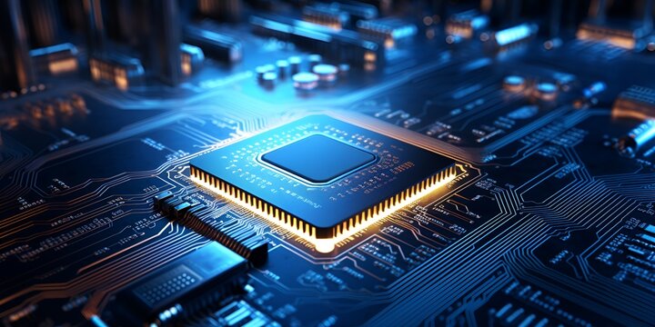 A highly detailed and realistic depiction of an advanced microchip with a car icon on top,