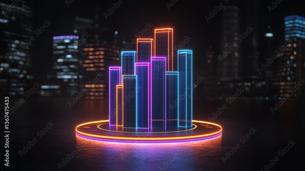 Poster neon linear data visualization with colorful bars and circular base on city night background