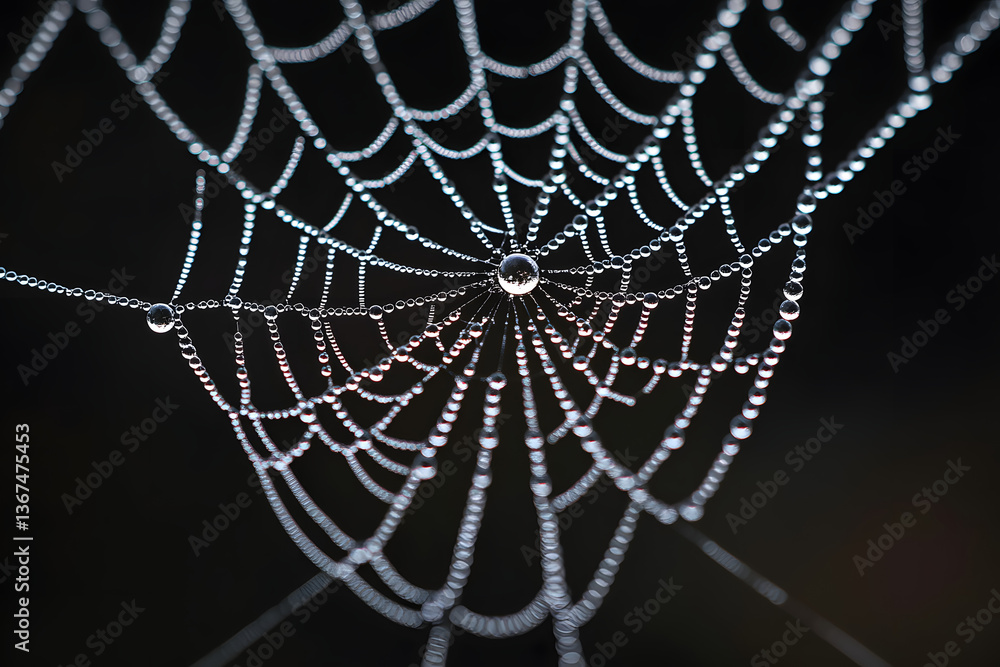 Canvas Prints macro shot of spider web with dewdrops in morning light black background