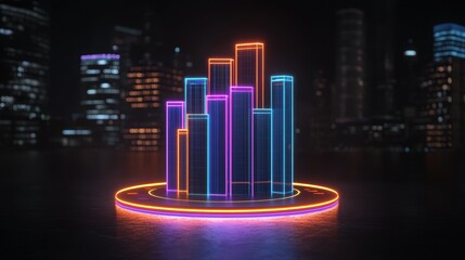 Neon Linear Data Visualization with Colorful Bars and Circular Base on City Night Background