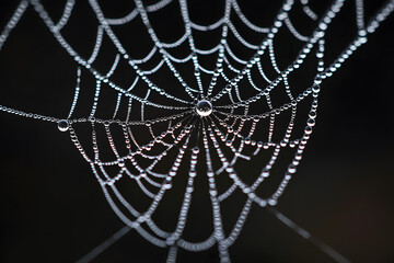 Macro Shot of Spider Web with Dewdrops in Morning Light  black background