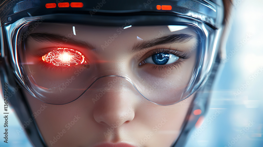 Poster futuristic cyberenhanced woman with glowing neural interface in urban sci-fi setting digital portrai