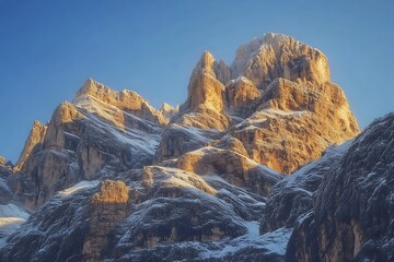 Majestic Snowy Mountain Peaks Bathed in Warm Sunlight Against Blue Sky