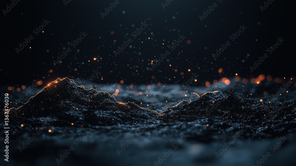 Poster abstract digital landscape with glowing particles and textured surface against dark background