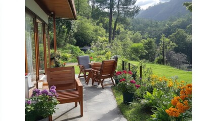 Obraz premium Cabin terrace overlooking lush greenery and natural surroundings.