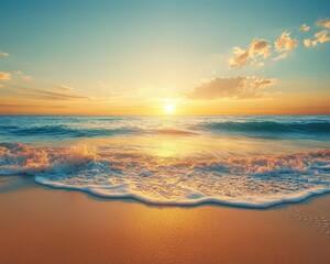 Fototapeta premium Serene tropical beach with gentle waves under a golden sunset, warm summer atmosphere, soft sand texture, perfect vacation backdrop