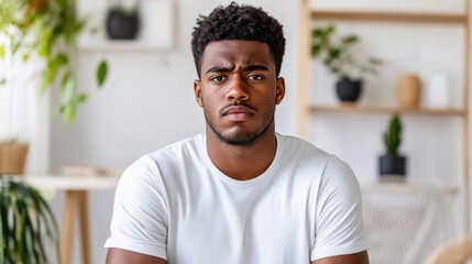 Naklejka premium Man in plain white t-shirt with neutral expression, frontal portrait.