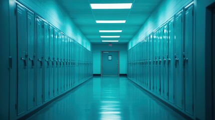 Empty School Hallway with Lockers in Cool Blue Light, Inviting a Sense of Mystery and Calm Amid a Quiet Academic Environment