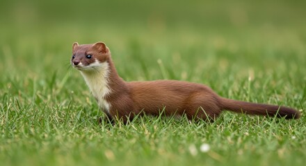 Weasel in Grass Small Brown Mammal in Green Meadow