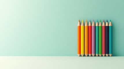 Fototapeta premium Colorful Pencils Arranged Neatly on a Surface with a Soft Blue Background for Artistic Projects and Creative Design Inspiration