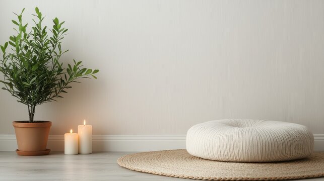 Healthy lifestyle choices for better well-being concept. Cozy interior scene with a plant, candles and a round cushion on the floor.