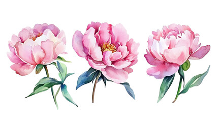 Three pink peonies isolated on white background.