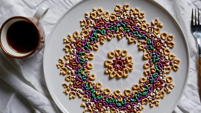 Intricate cereal pattern and coffee cup with dining setup  movement and symmetry exploration