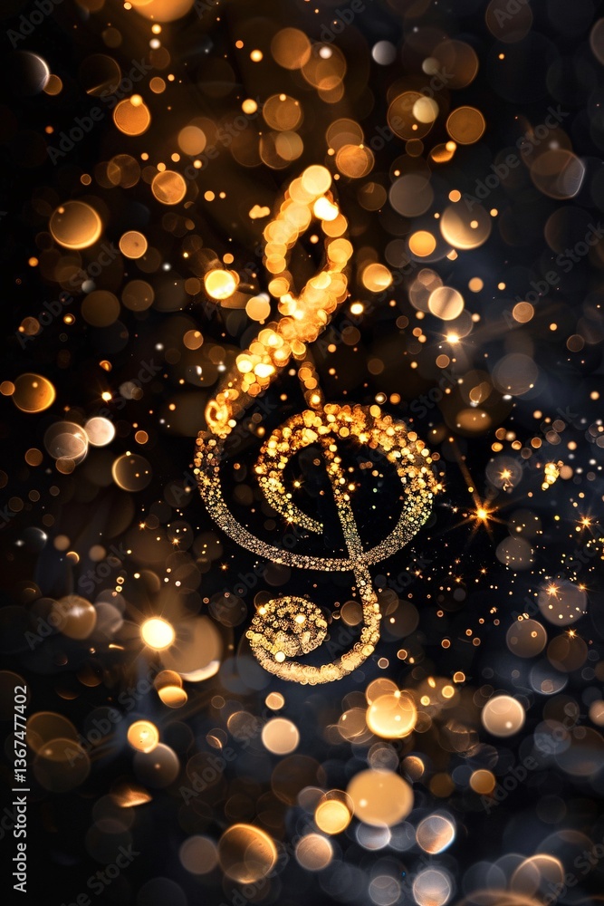 Poster golden treble clef sparkling on black background with bokeh effect, perfect for music themed designs