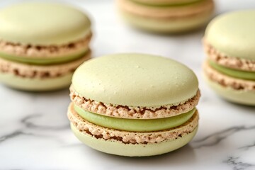 Pistachio macarons resting on marble surface, tempting treat