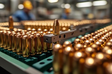 Production line manufacturing bullets in munitions factory