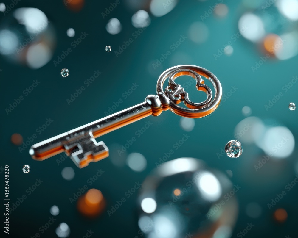Poster antique brass key suspended in water with sparkling bokeh and droplet effects creating a mysterious 