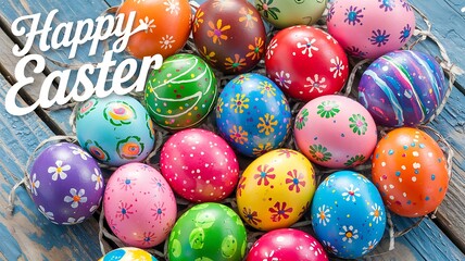 Obraz premium Vibrant Hand-Painted Easter Eggs with Unique Artistic Patterns Colorful Designs Arranged on Rustic Blue Wooden Surface with Festive Spring Elements for a Cheerful and Joyful Easter Holiday Celebration