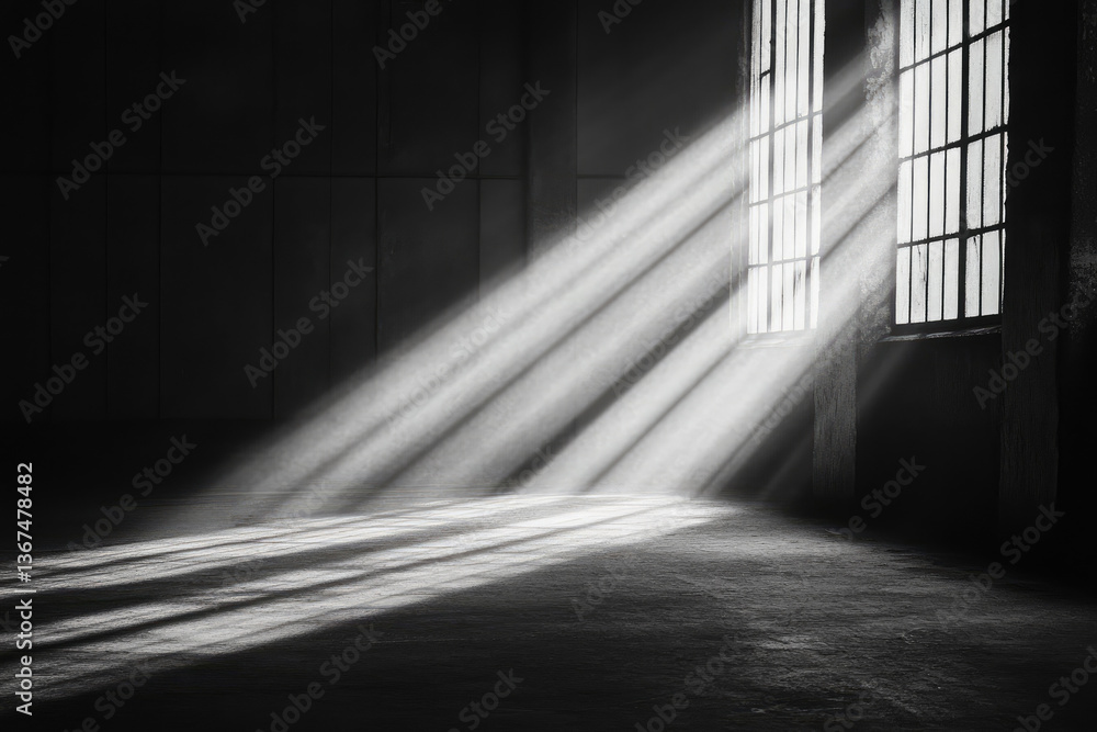 Poster dramatic light beams filter into an empty room, creating a stark contrast between light and shadow.