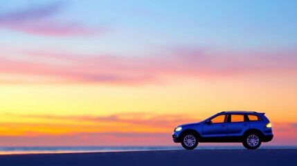 A car parked on a beach during sunset, with vibrant colors in the sky creating a serene and peaceful atmosphere.