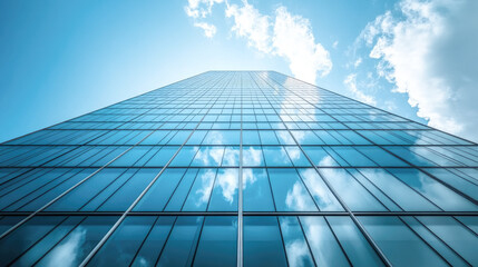 Fototapeta premium A towering skyscraper reflects clouds in blue sky, representing ambition, modern architecture, and urban living.