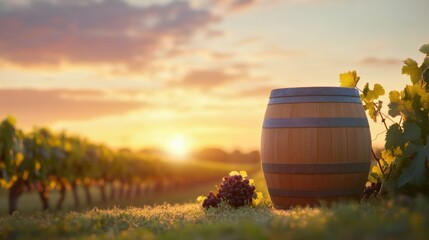 Obraz premium Wooden Barrel Surrounded by Lush Vineyard at Sunset with Grapes and Soft Golden Light in Scenic Rural Landscape