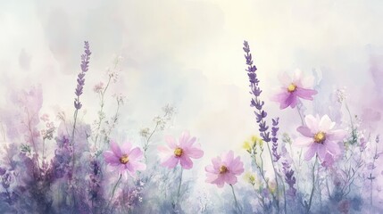 Naklejka premium Soft and flowing watercolor painting of cosmos and lavender.