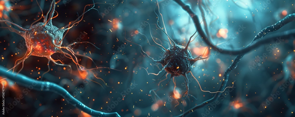 Poster 3d illustration of neurons in action, transmitting signals through the nervous system