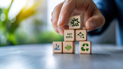 Sustainability concept with various eco friendly symbols and wooden cubes held in a hand representing ideas solutions and strategies for a responsible green and circular lifestyle