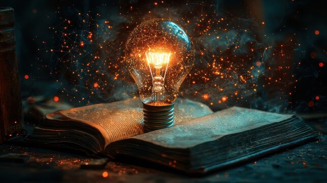 Glowing light bulb emerging from an open book symbolizing the spark of intellectual thought and the power of knowledge and learning to fuel new ideas and innovative solutions