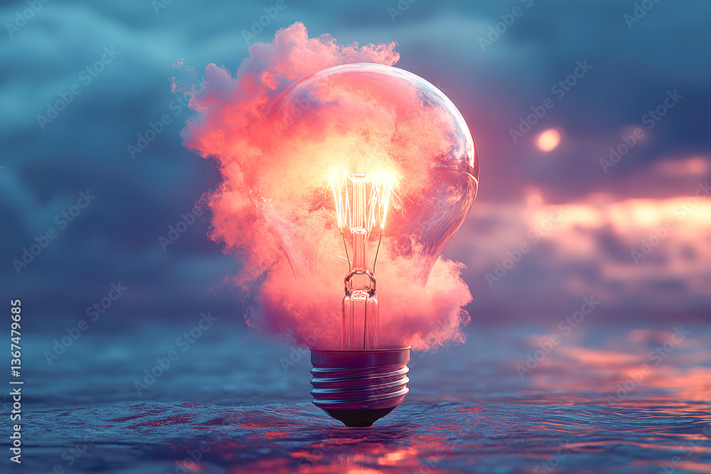 Poster a stunning lightbulb enveloped in soft pink mist, creating a captivating scene that emphasizes creat