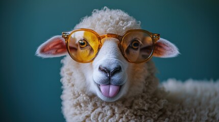Cheeky sheep poses playfully in minimalist setting with fluffy wool texture