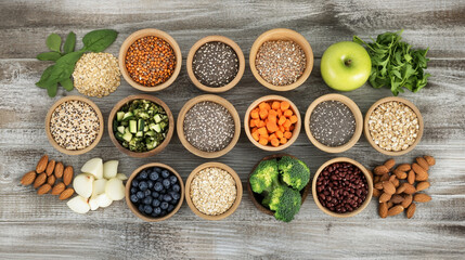 Fototapeta premium Overhead shot of wooden bowls filled with various healthy foods on a wooden surface background