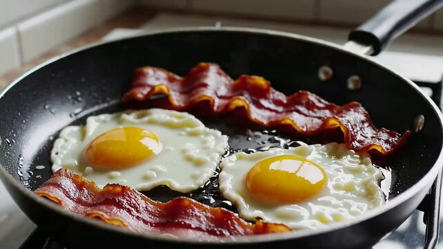 Crispy bacon and sunnyside eggs sizzling in nonstick skillet on kitchen stove