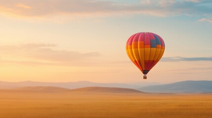 Naklejka premium Colorful hot air balloon soaring above tranquil golden fields under a vibrant sky during sunrise in a picturesque landscape of soft hills