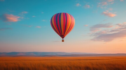 Obraz premium Colorful hot air balloon drifting serenely over golden fields at sunset against a vibrant sky with soft clouds enhancing the tranquil scene.