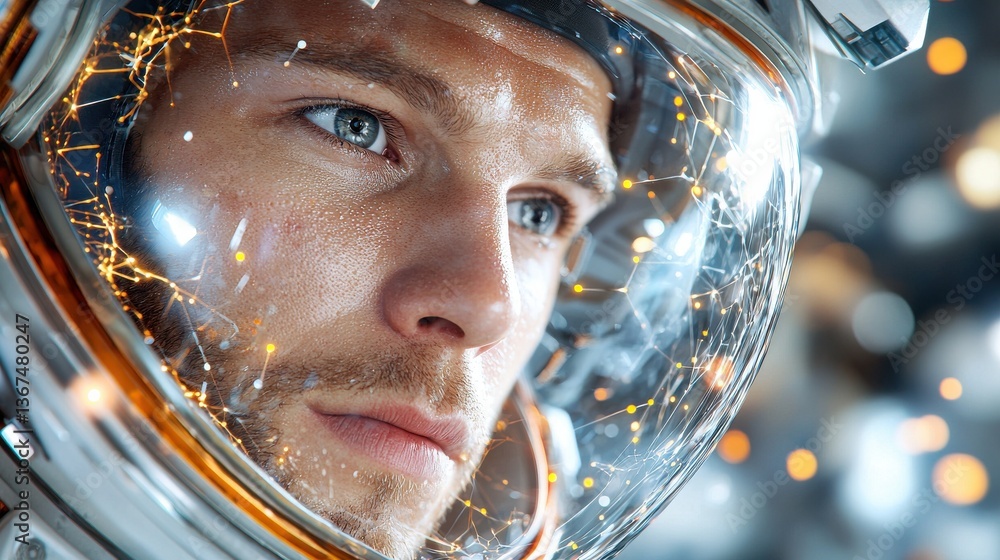 Poster an intrepid astronaut encased in a shimmering spacesuit confidently navigates the vastness of the co