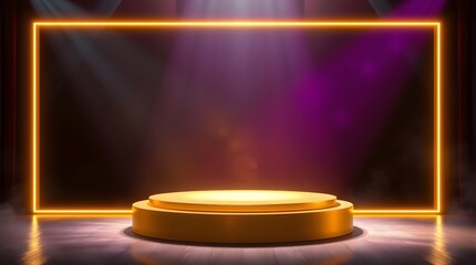 A product display image. A spotlight shines on a gold platform surrounded by a bright orange neon rectangle, on a dark background.