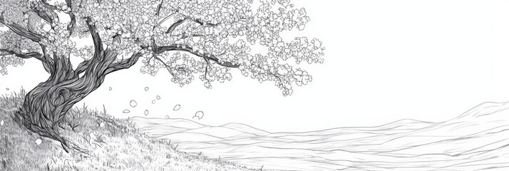 Fototapeta premium Blossoming tree shedding petals onto rolling hills.