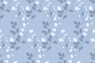 Vector seamless pattern featuring delicate tiny flowers buds with small leaves on black background. Perfect for elegant textile designs, wallpapers, stationery, and trendy fashion projects