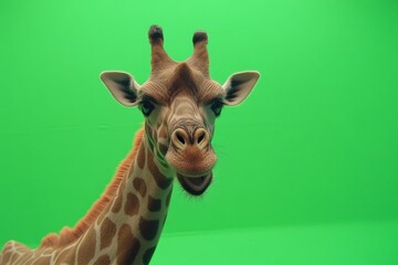Obraz premium A Giraffe Head Facing Forward Against a Green Backdrop