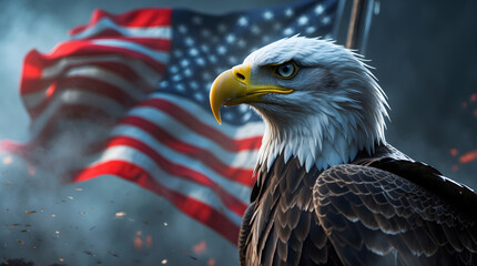 Naklejka premium Majestic Bald Eagle with American Flag Background